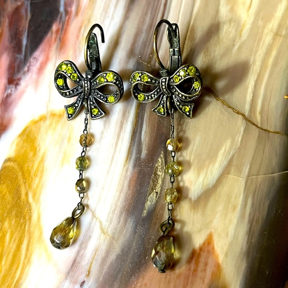 Jewelry - Bow Tie Crystal Beaded Brass Dangle Earrings